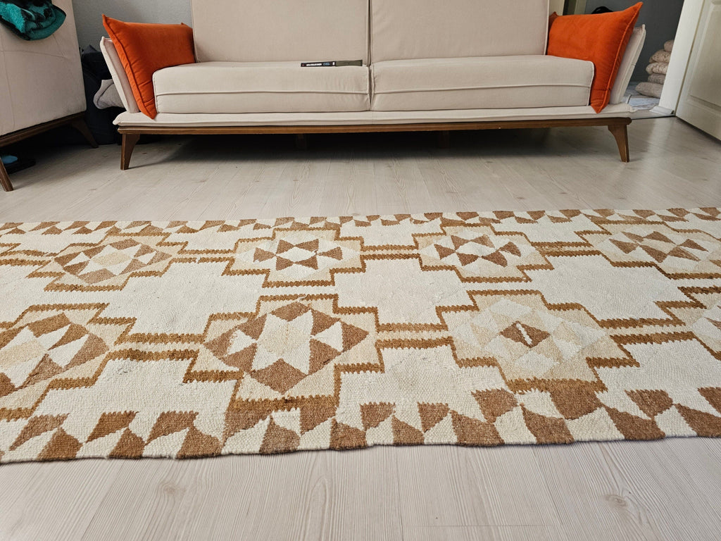 Vintage Turkish Oushak Runner Rug: Neutral Geometric Wool Hallway Rug (3.10x10.70 feet)