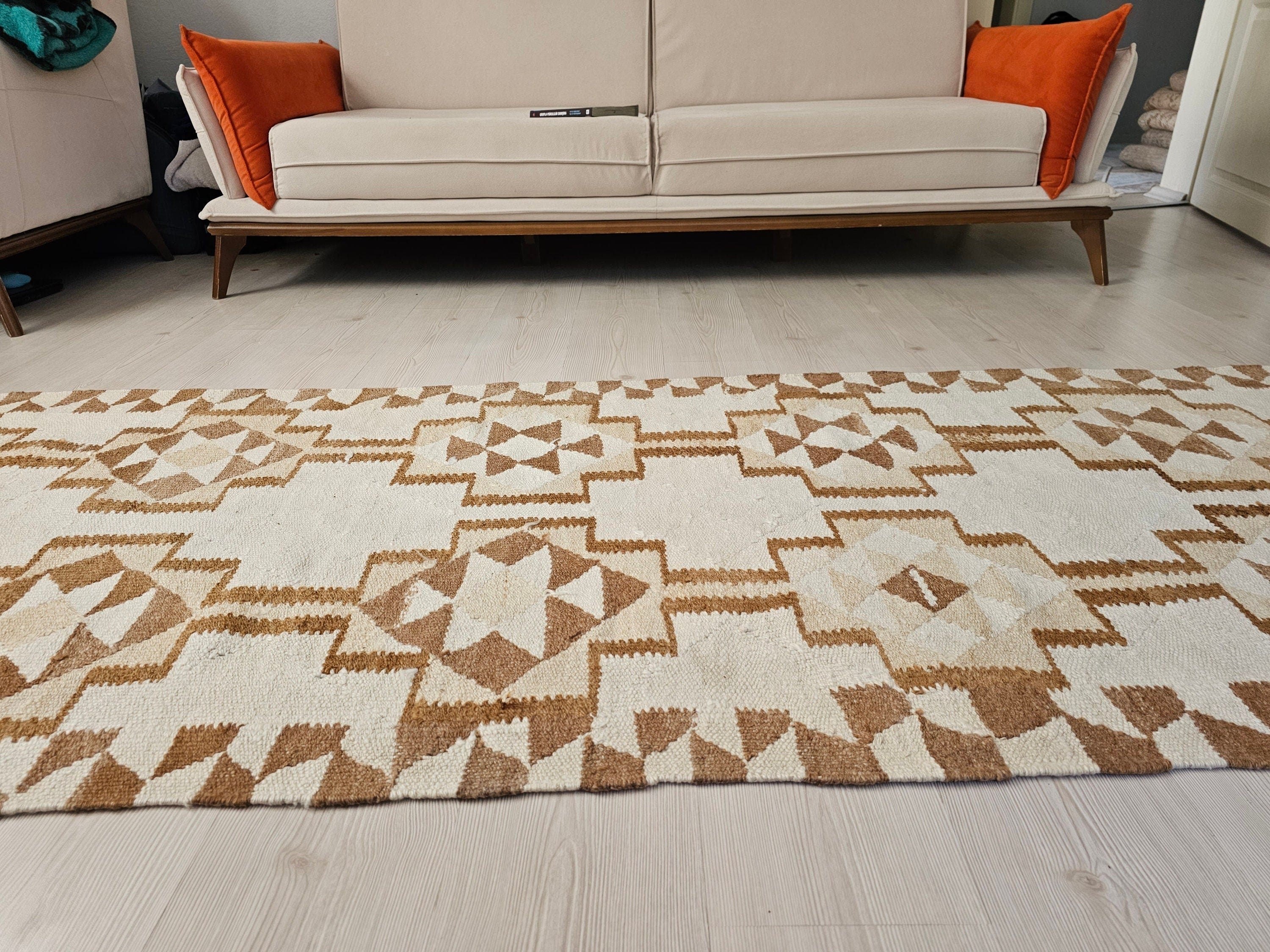 Vintage Turkish Oushak Runner Rug: Neutral Geometric Wool Hallway Rug (3.10x10.70 feet)