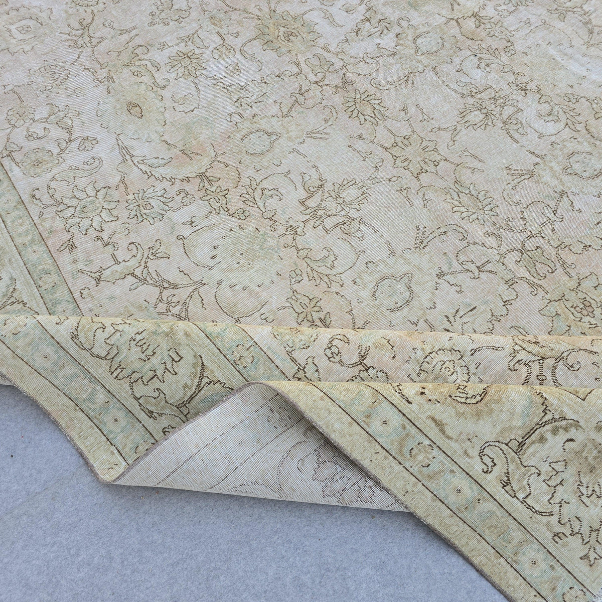 Turkish Rug 9x12 Soft Pink Beige Floral Vintage Hand Knotted Oushak Living Room Carpet