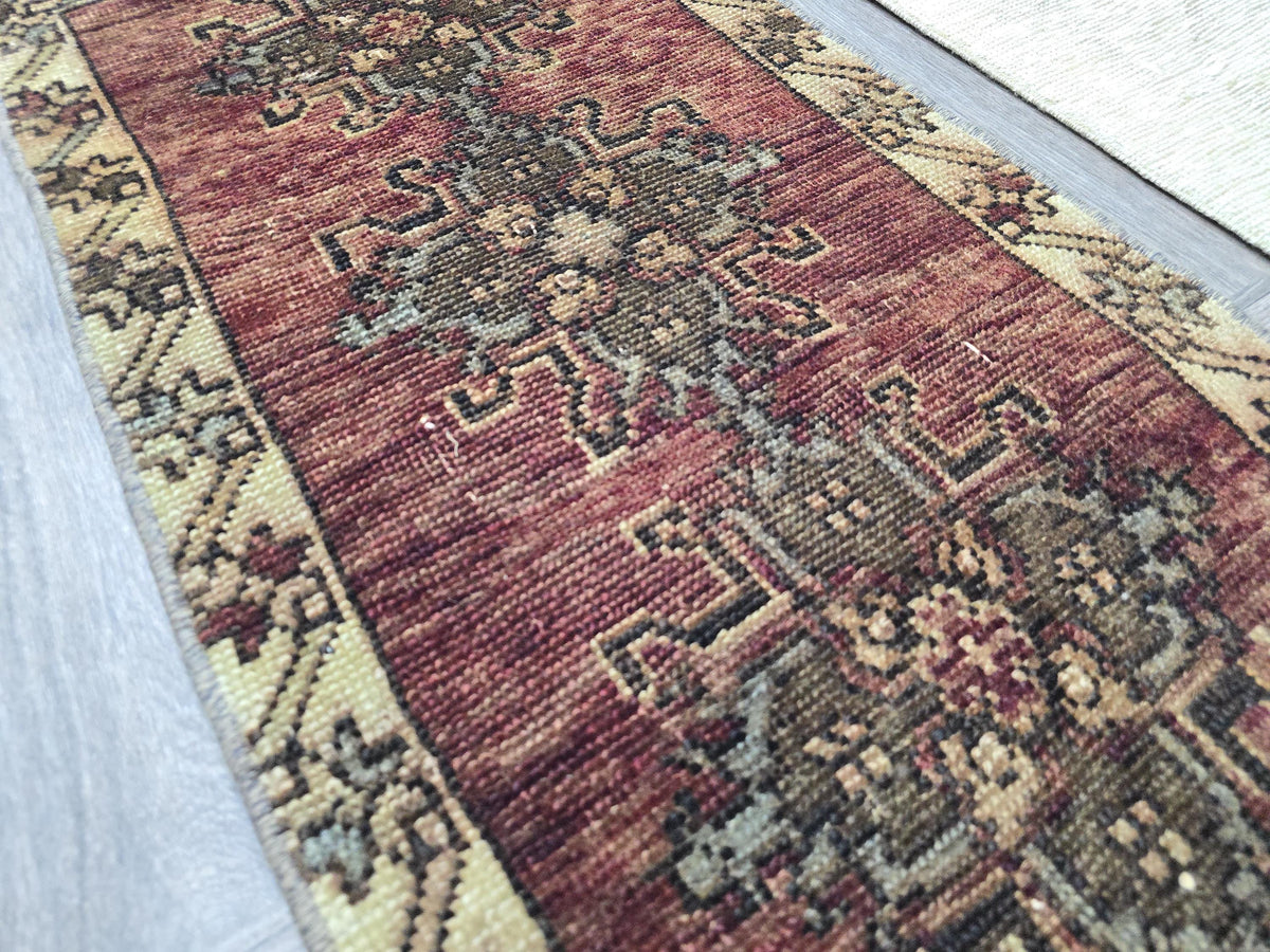 Vintage Turkish Wool Rug 2x3: Brown Beige Oushak Medallion Entry Mat