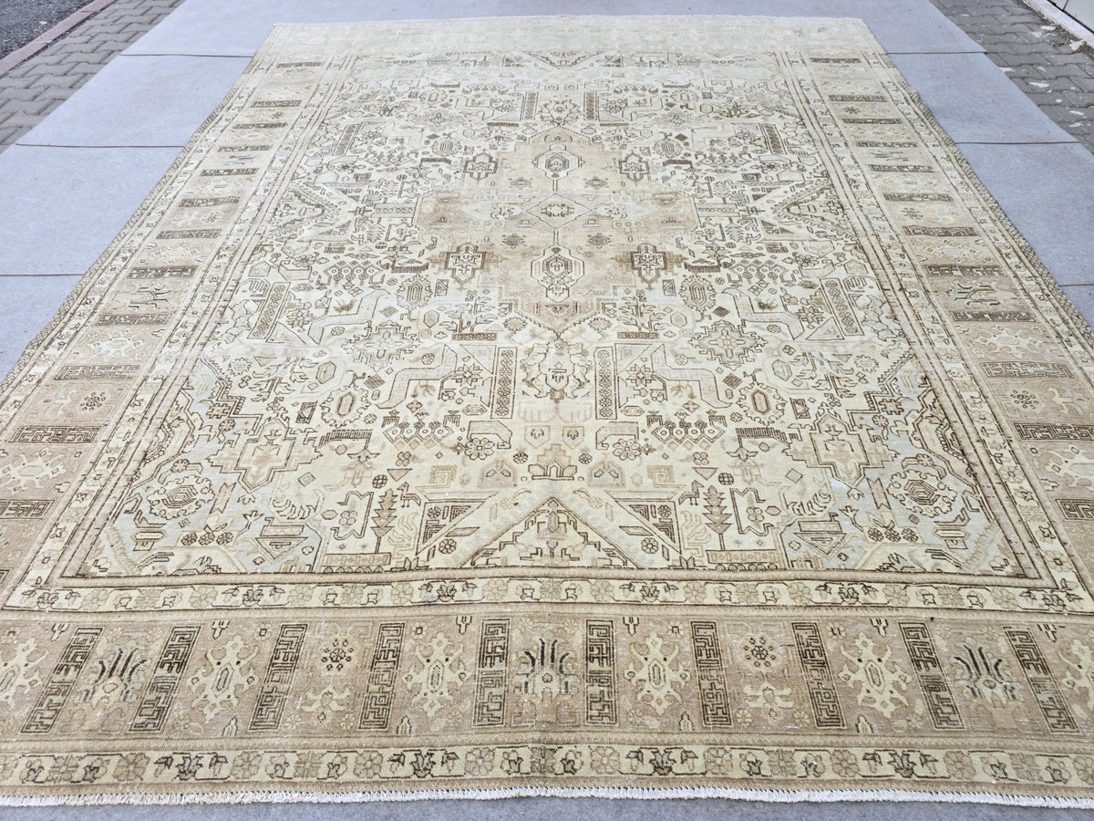 Turkish Rug 10x12, Faded Neutral Tribal Area Rug, Distressed Vintage Wool Carpet, Beige All Over Geometric, Boho Living Room