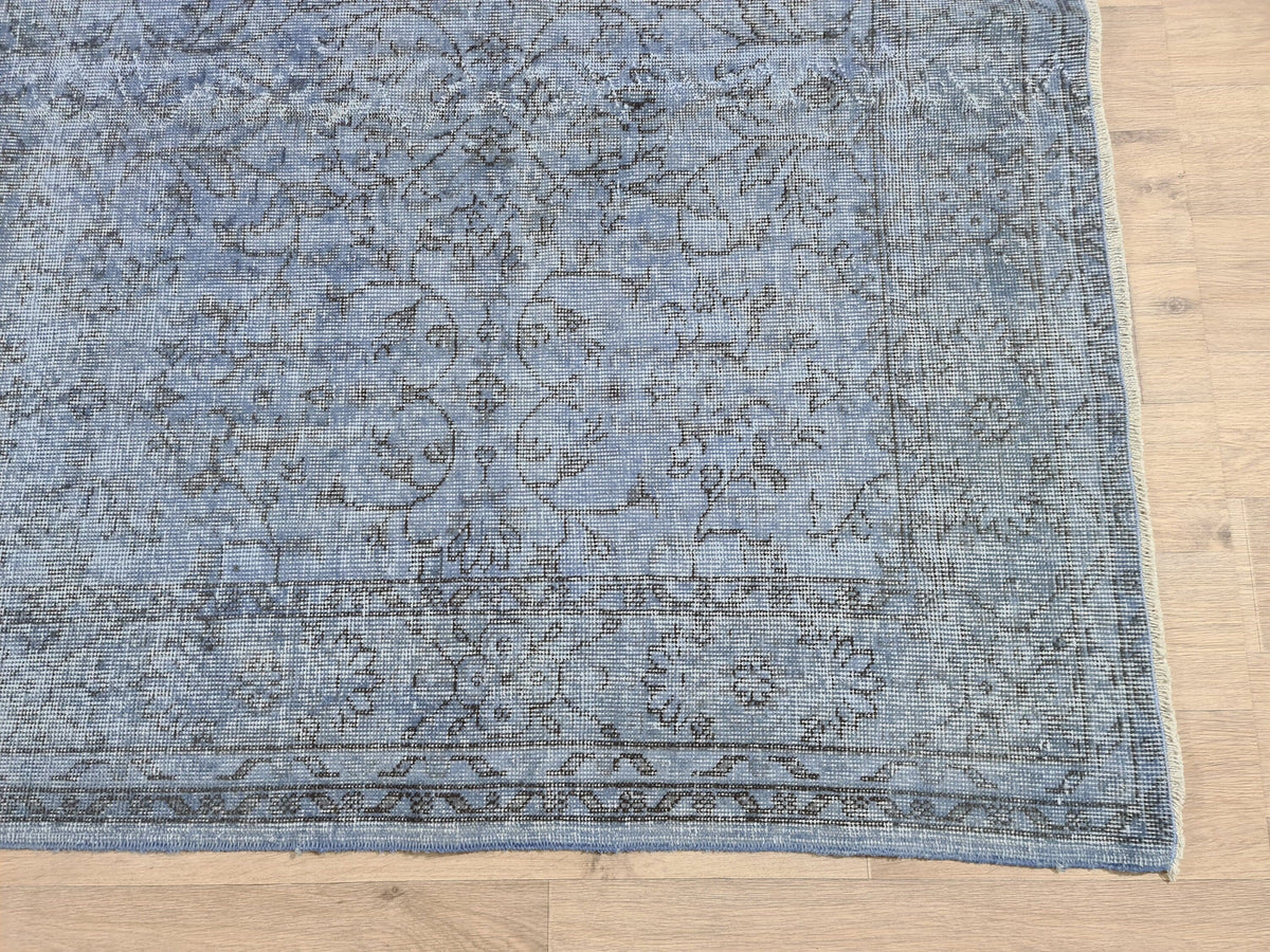 Hand Knotted Vintage Turkish Wool Rug: 6x9 Blue Oushak Carpet