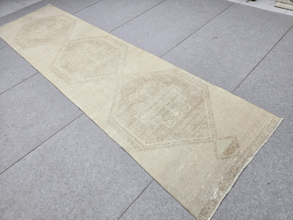 Vintage Runner Rug 3.5x12, Extra Long Sand Beige Hallway Runner, Muted Wool Corridor Rug, Neutral Stair Runner for Living Room Decor