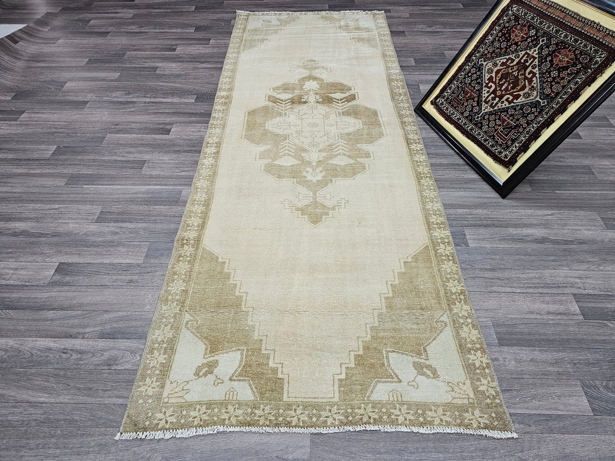 Wide Oushak Runner / 3.50x9.40 feet Hand Knotted Vintage Turkish rug Neutral Color