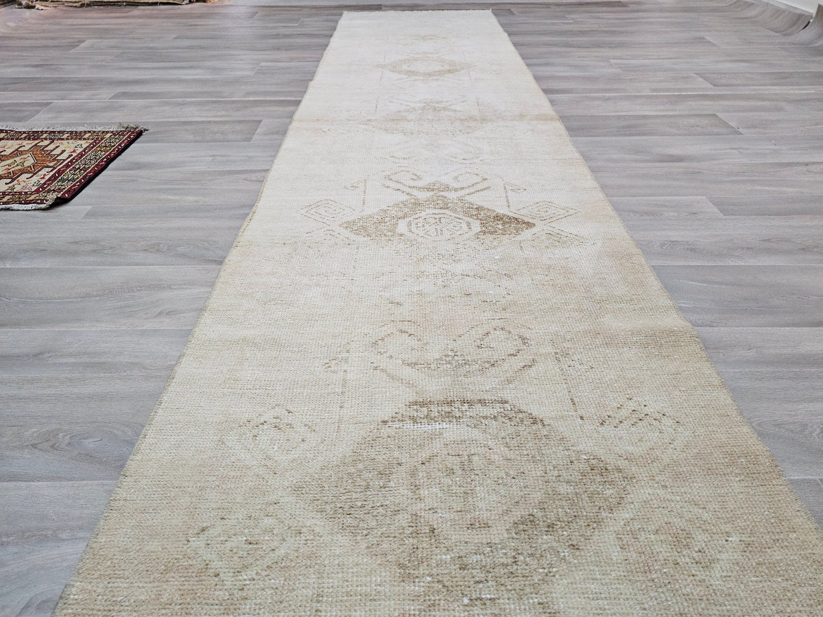 Hand Knotted Turkish Runner Rug 3x12: Vintage Wool Hallway Carpet