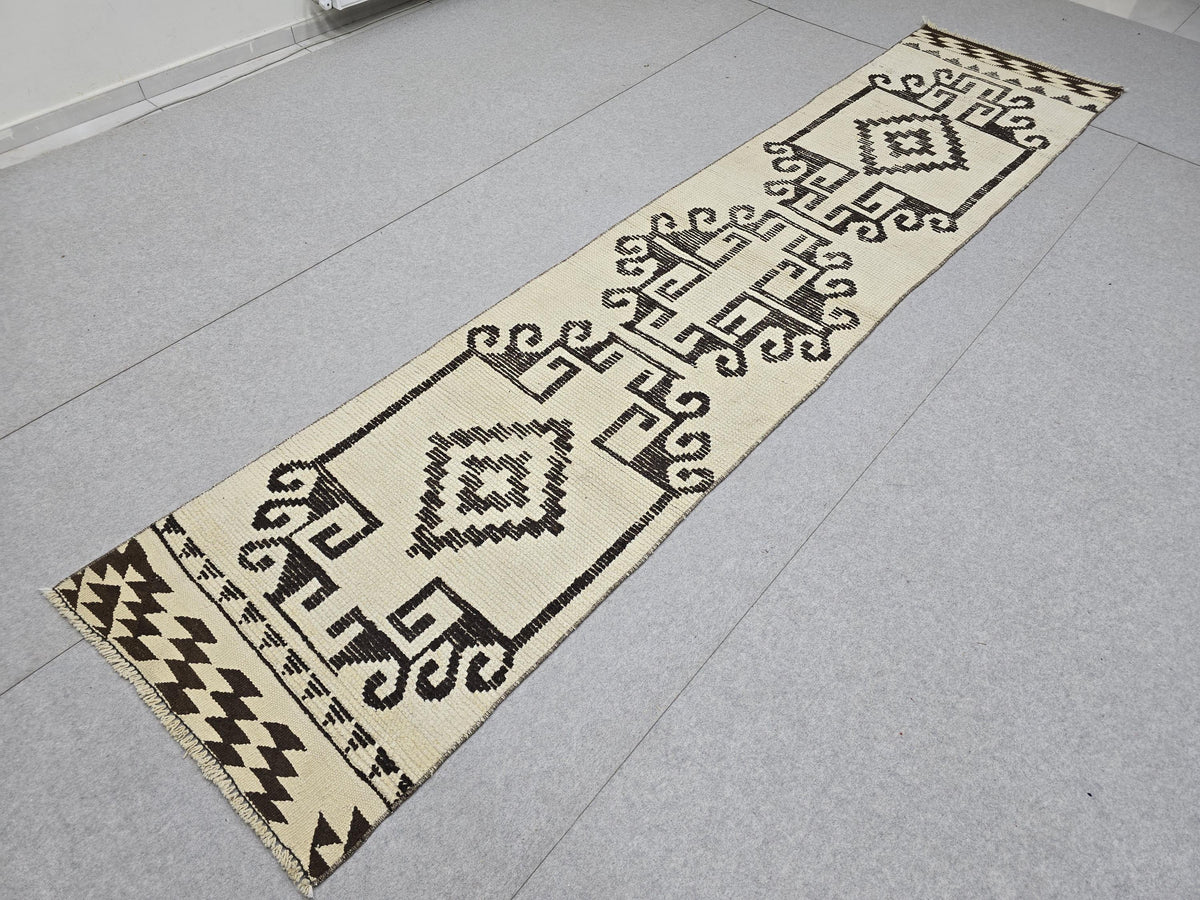 Oushak Runner Rug 3x12, Ivory Cream Brown Wool Hallway Runner, Vintage Anatolian Narrow Staircase Corridor Rug
