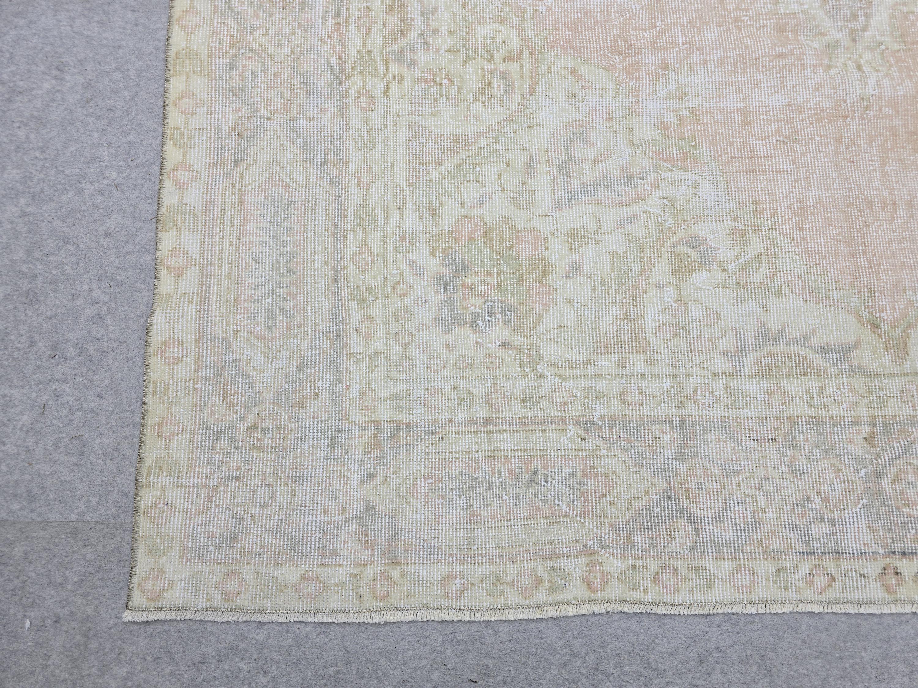 Vintage Rug 6x9, Faded Oushak Carpet, Muted Medallion Turkish Area Rug for Bedroom, Distressed Neutral Wool Rug