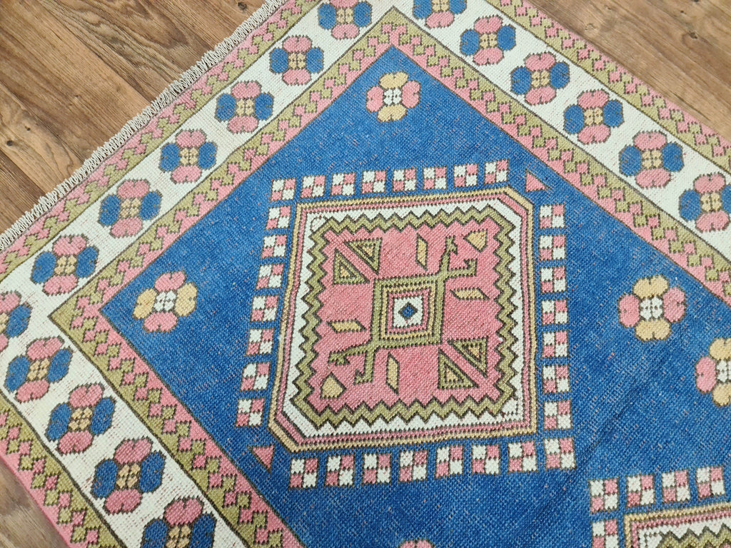 4x6 Small Turkish Rug: Small Vintage Geometric Blue Oushak (4.2x6.4 ft)