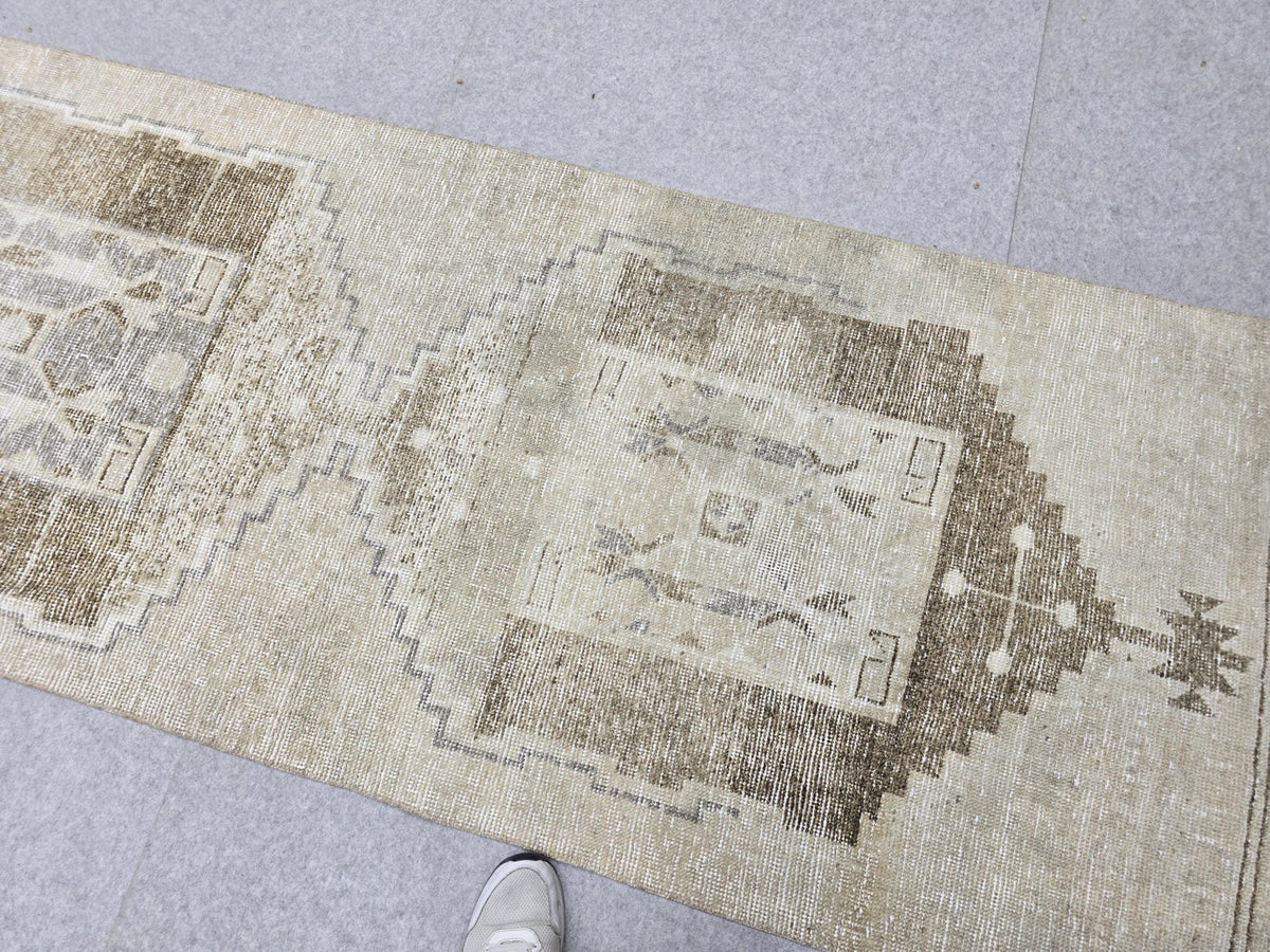 Vintage Runner Rug 3x12, Cream and Brown Medallion Hallway Runner, Long Wool Living Room Rug, Neutral Corridor Runner for 12 ft Decor