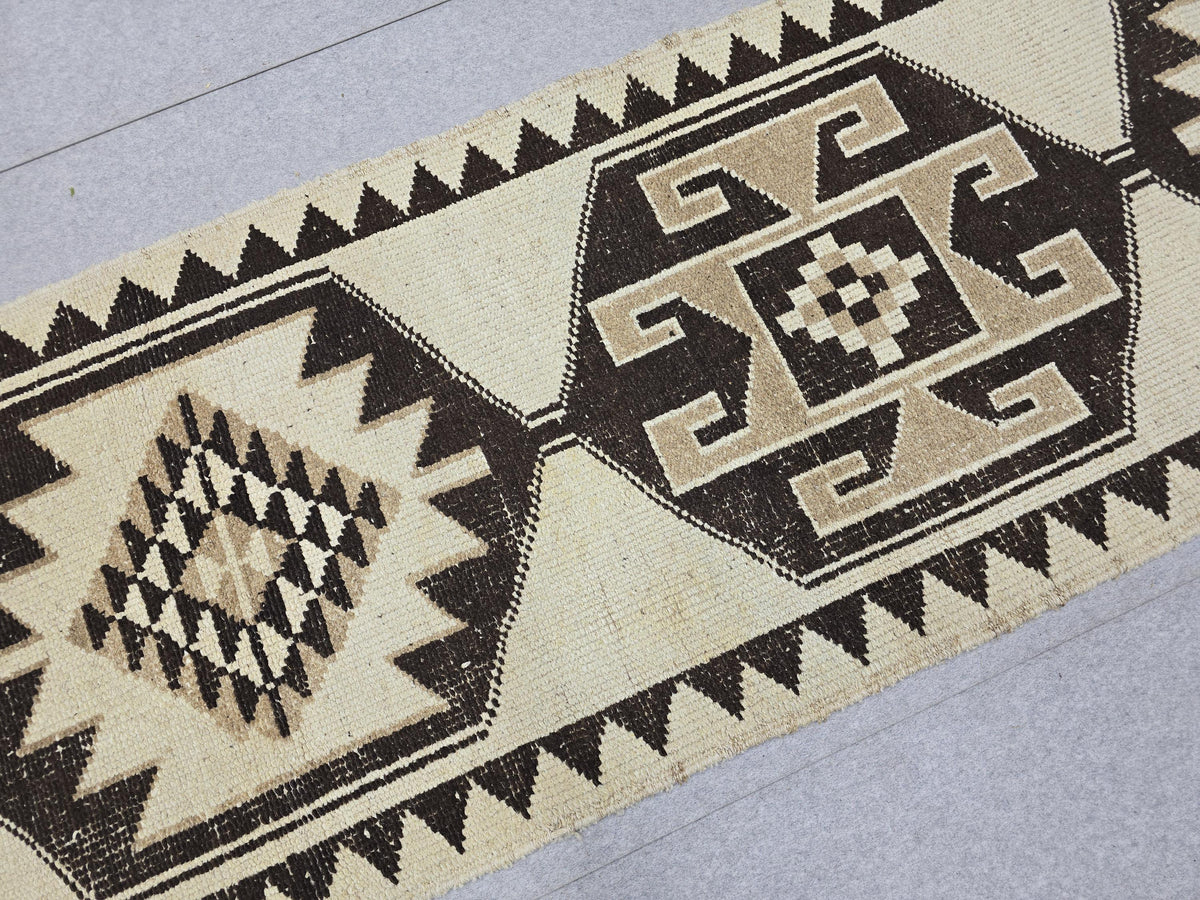 3x10 Vintage Turkish Runner Rug 3x10, Hand Knotted Tribal Wool Runner, Cream Brown Hallway Rug, Anatolian Oushak Runner, Boho Kitchen Runner