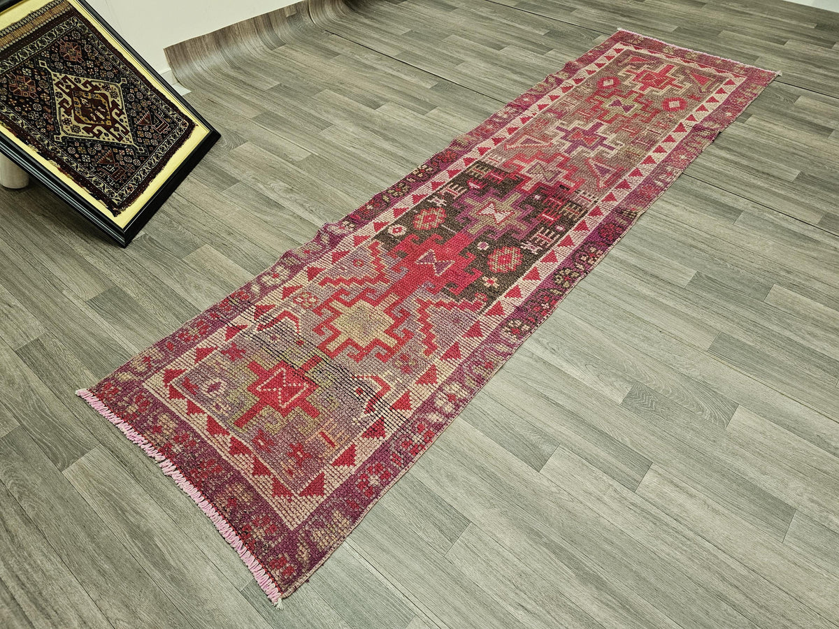 Hand Knotted Wool Herki Runner Rug: Vintage Oriental Aisle Rug (2.60x9.70 feet)