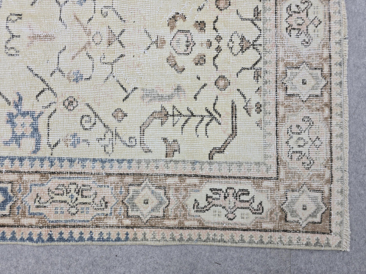 Vintage Turkish Oushak Rug 6x9, Hand Knotted Cream Blue Floral Carpet