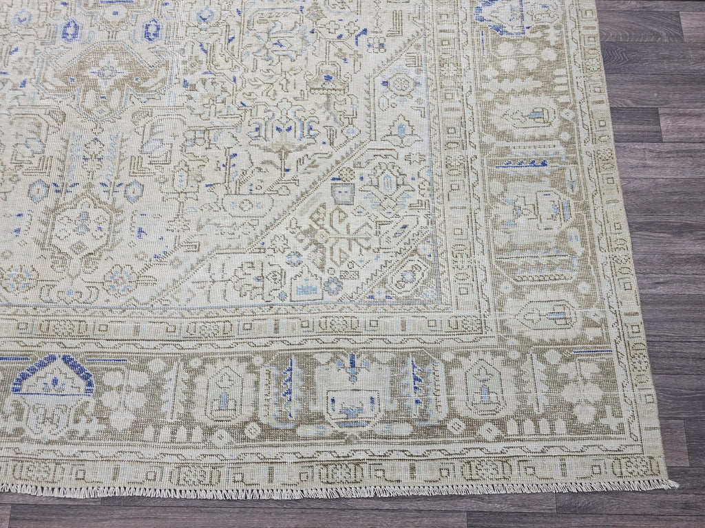 Vintage Turkish Oushak Rug 9x12: Hand-Knotted Wool, Beige & Blue