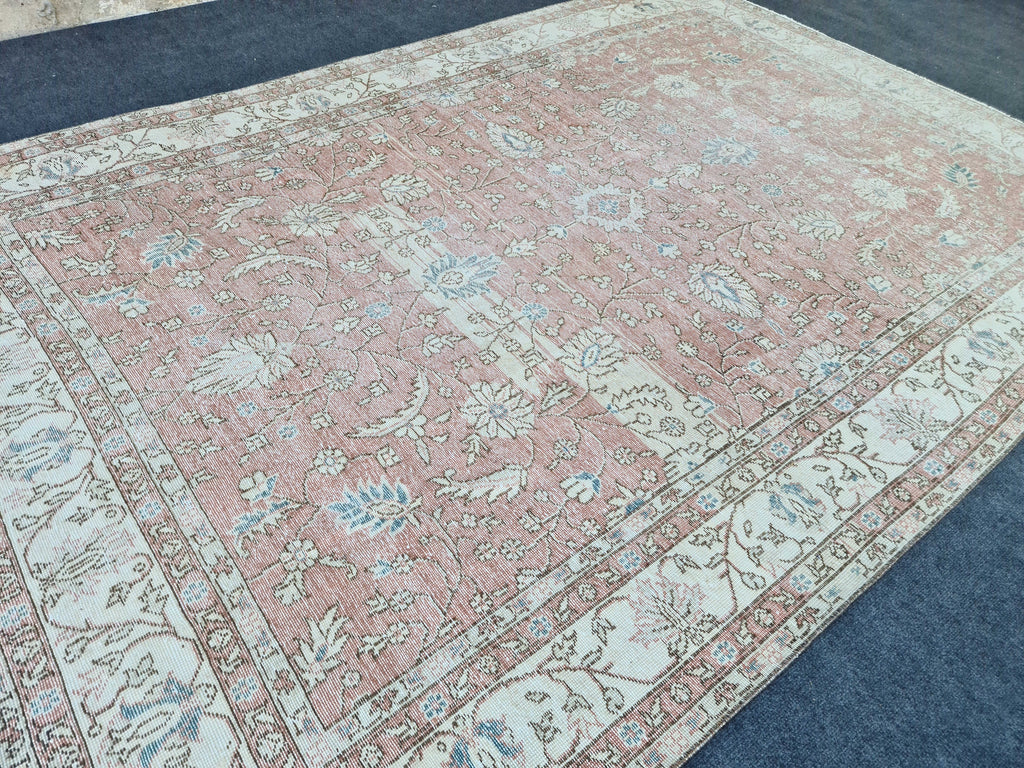 Muted Oushak Pink Rug: 6.85x9.85 ft, Handmade Vintage Turkish Floral Wool Carpet