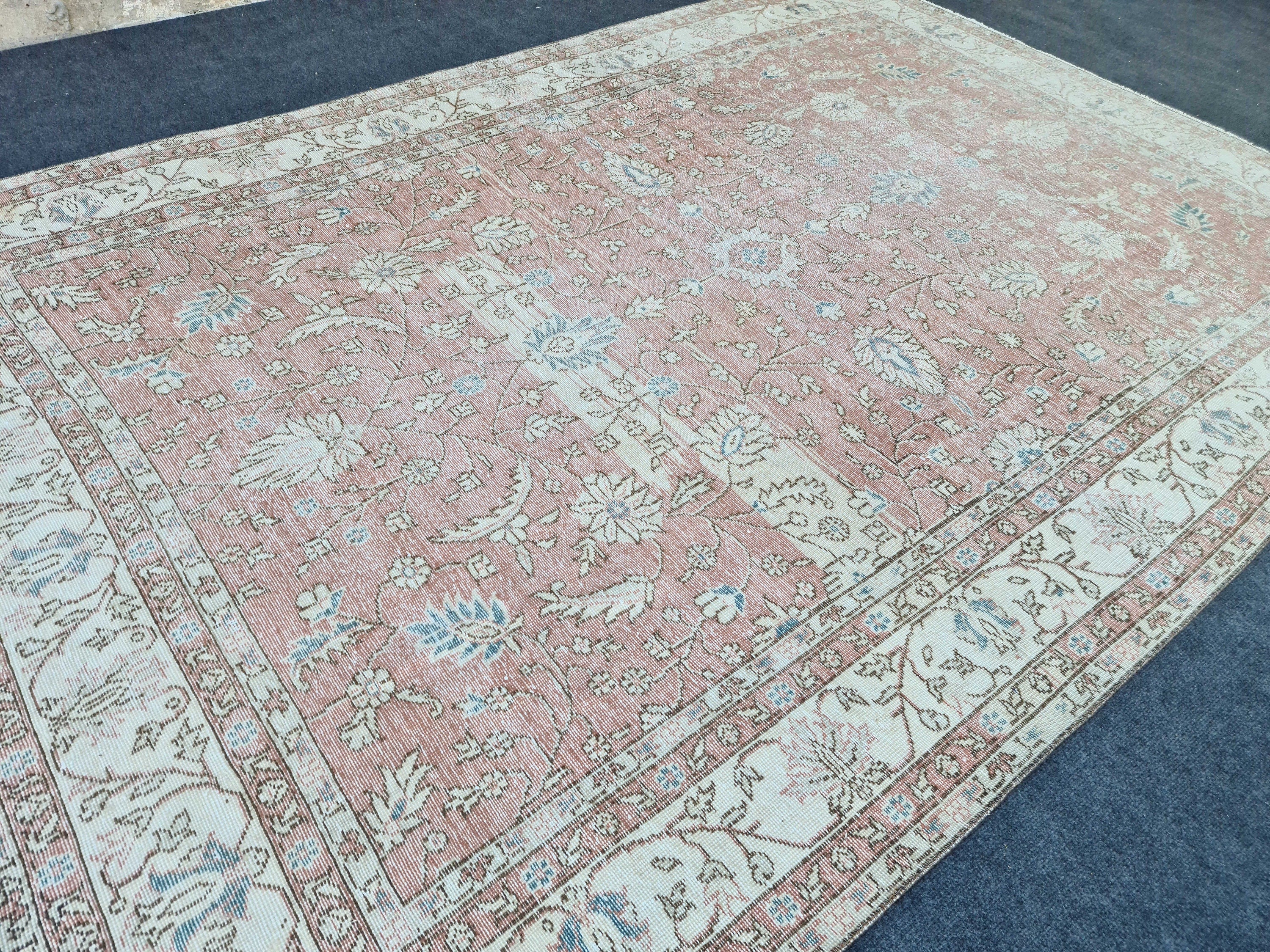 Muted Oushak Pink Rug: 6.85x9.85 ft, Handmade Vintage Turkish Floral Wool Carpet