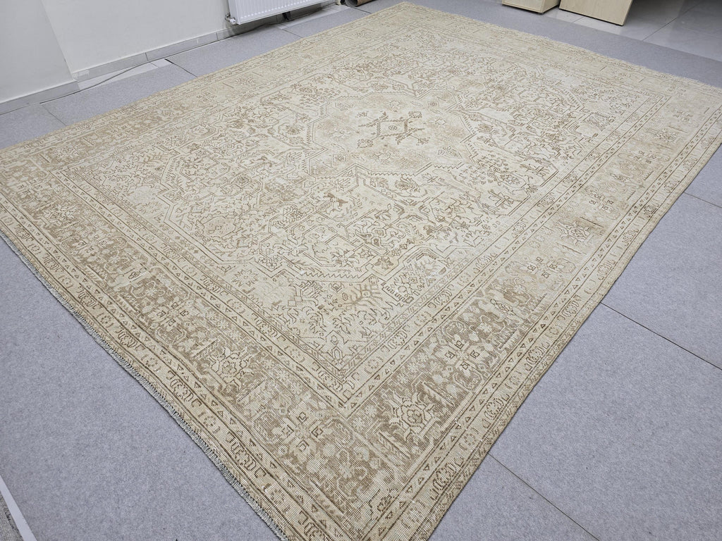Turkish Rug 10x13, Neutral Beige Vintage Handknotted Wool Carpet, Faded Medallion Area Rug for Dining Room