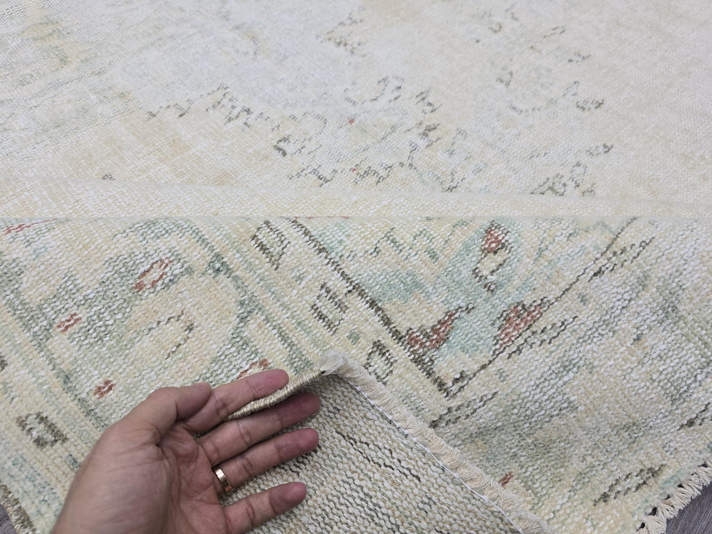 Vintage Oushak Rug 6x9: Hand-Knotted Turkish Wool Rug, Cream & Mint