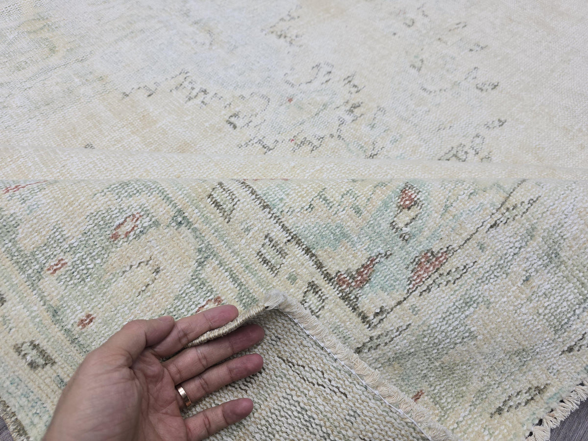 Vintage Oushak Rug 6x9: Hand-Knotted Turkish Wool Rug, Cream & Mint