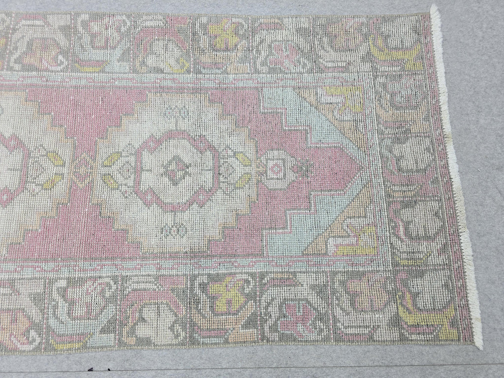 Turkish Rug 3x10, Pastel Pink Runner Rug, Hand Knotted Wool Oushak Runner, Faded Muted Hallway Rug, Vintage Boho Nursery Stair Anatolian rug