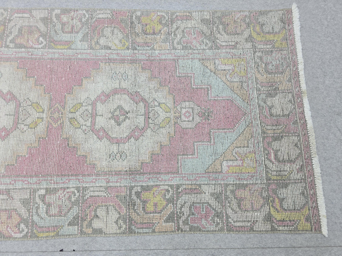 Turkish Rug 3x10, Pastel Pink Runner Rug, Hand Knotted Wool Oushak Runner, Faded Muted Hallway Rug, Vintage Boho Nursery Stair Anatolian rug