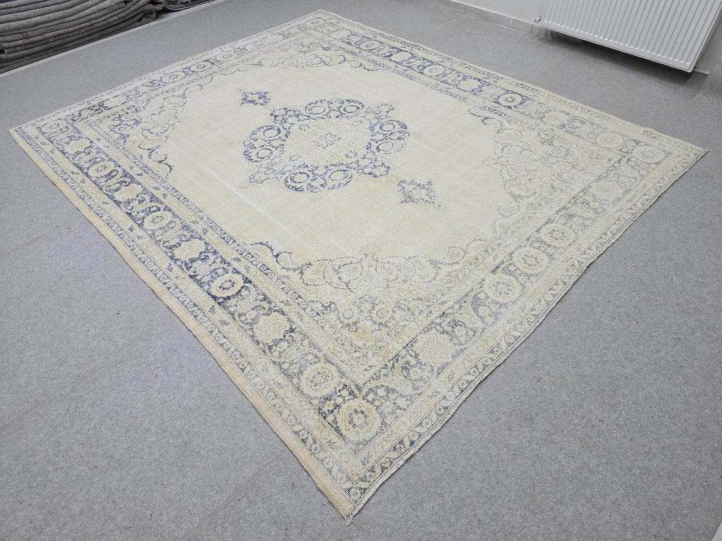 8x10 Faded Oushak Wool Area Rug Handmade Vintage Turkish Beige Blue Oriental Carpet
