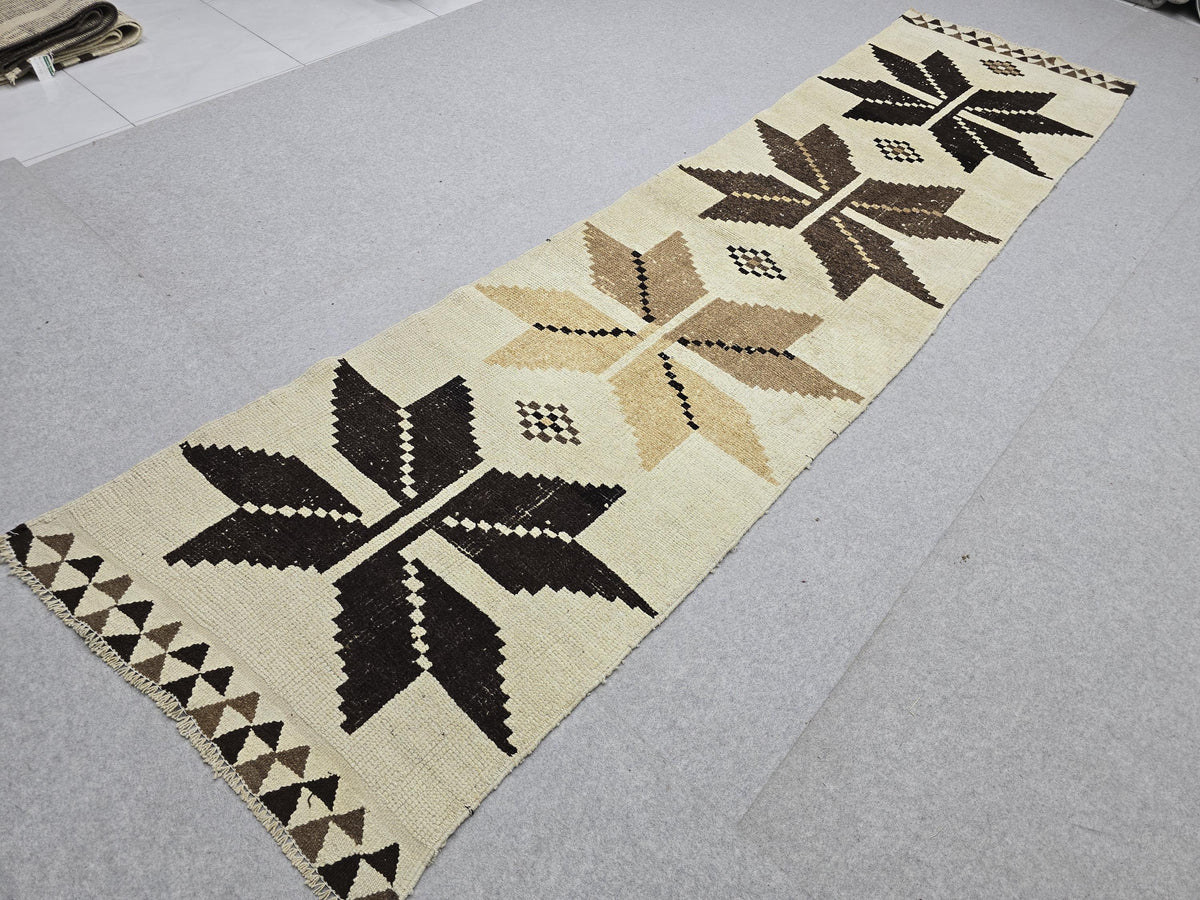 Turkish Runner Rug 3x12, Vintage Ivory Brown Hallway Runner, Tribal Star Geometric Wool Corridor Carpet, Boho Farmhouse Decor