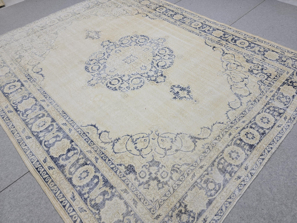 8x10 Faded Oushak Wool Area Rug Handmade Vintage Turkish Beige Blue Oriental Carpet