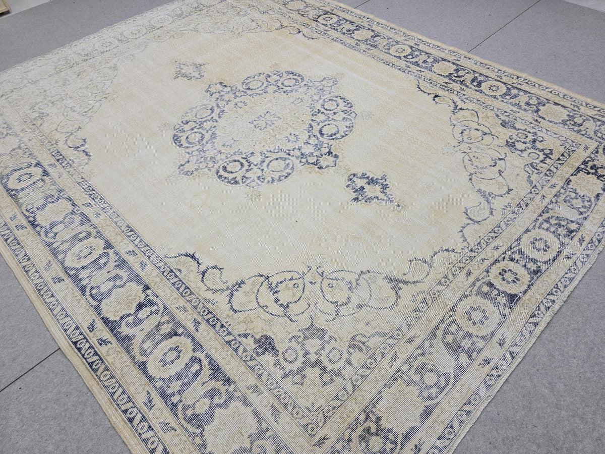8x10 Faded Oushak Wool Area Rug Handmade Vintage Turkish Beige Blue Oriental Carpet