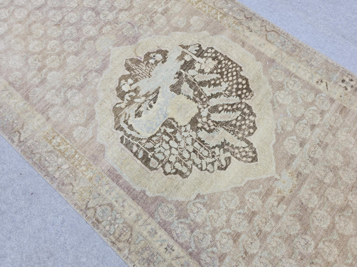 Turkish Rug 4x13, Neutral Runner Rug, Faded Hand Knotted Wool Oushak Runner, Muted Beige Lilac Hallway Rug, Vintage Boho Corridor Carpet