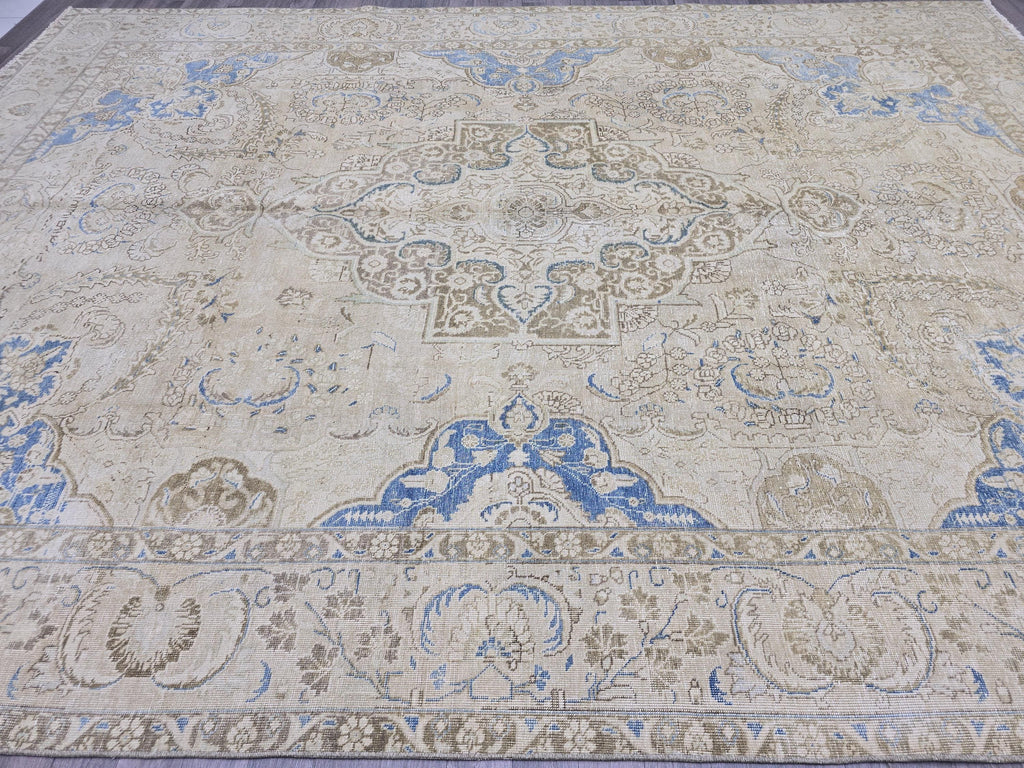 Oversized Vintage Turkish Rug 9x12: Hand-Knotted Distressed Beige Blue Rug