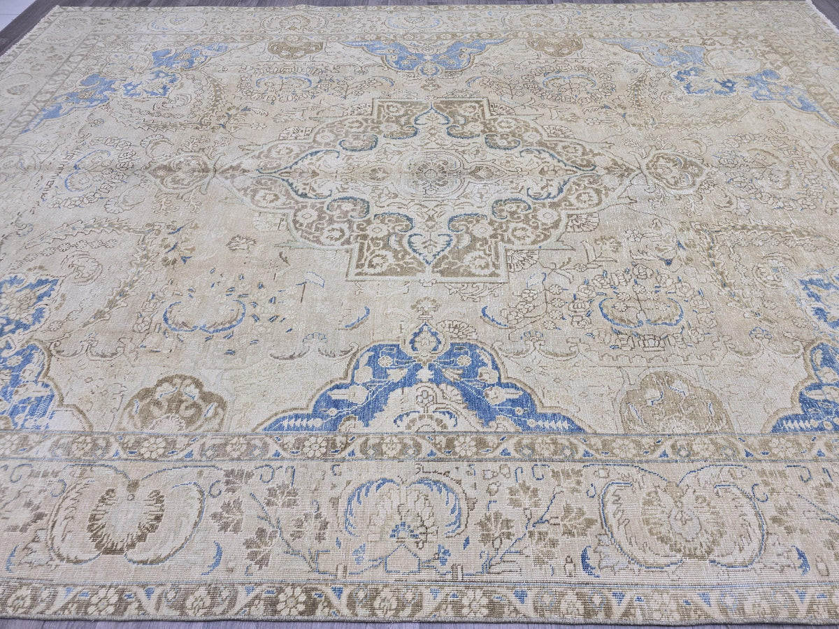 Oversized Vintage Turkish Rug 9x12: Hand-Knotted Distressed Beige Blue Rug
