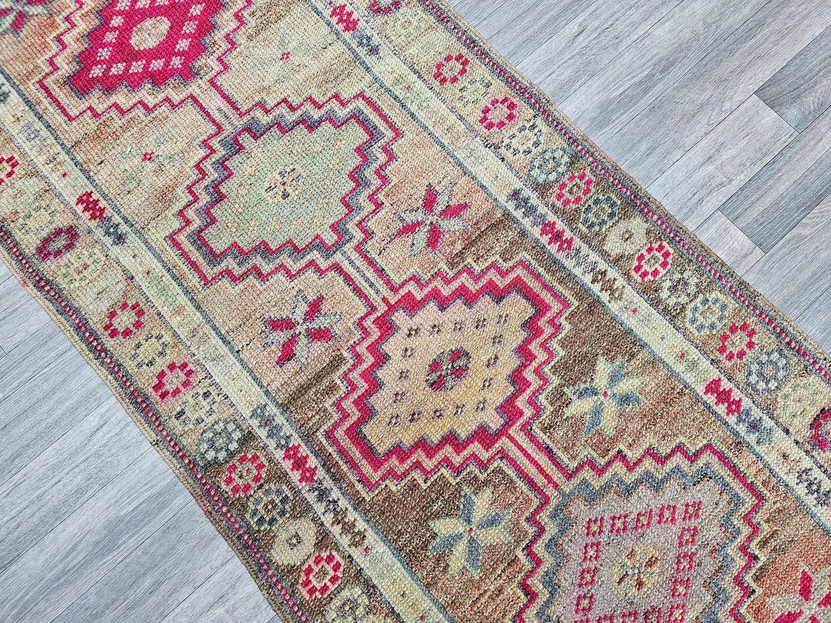 Vintage Herki Wool Runner Rug: 3x10 Muted Anatolian Hallway Decor