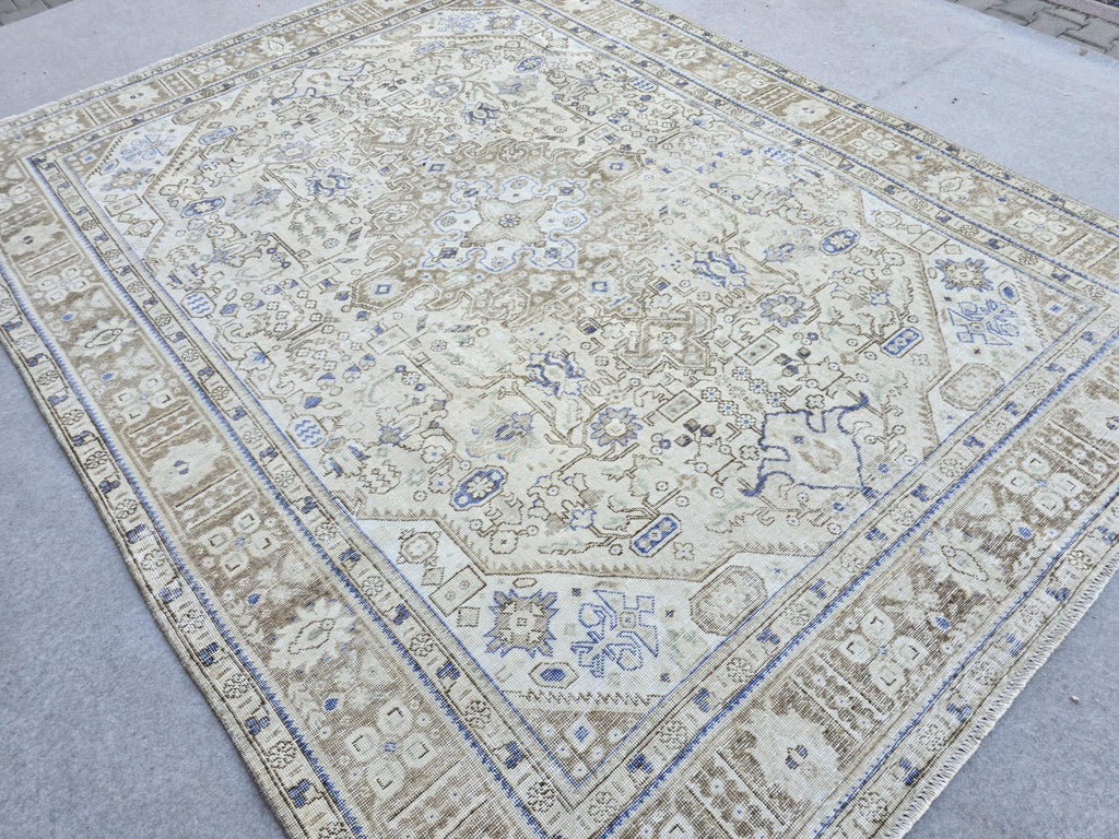 Oushak Rug 8x11, Vintage Turkish Rug, Blue Beige Area Rug, Hand Knotted Wool Rug, Faded Living Room Rug, Boho Neutral Carpet
