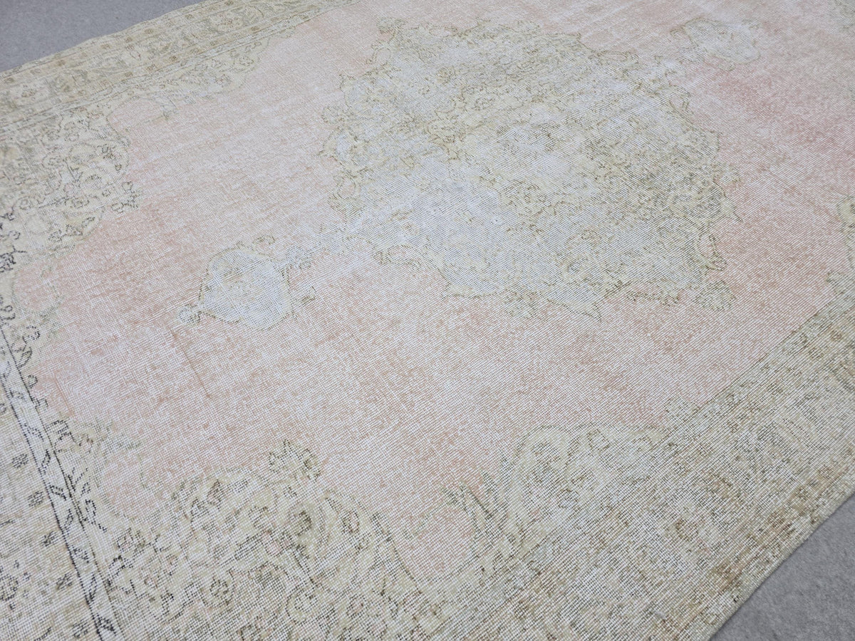 Oushak Rug 7x10, Muted Pink Beige Handwoven Turkish Carpet, Vintage Wool Area Rug for Living Room Bedroom Boho Farmhouse Decor