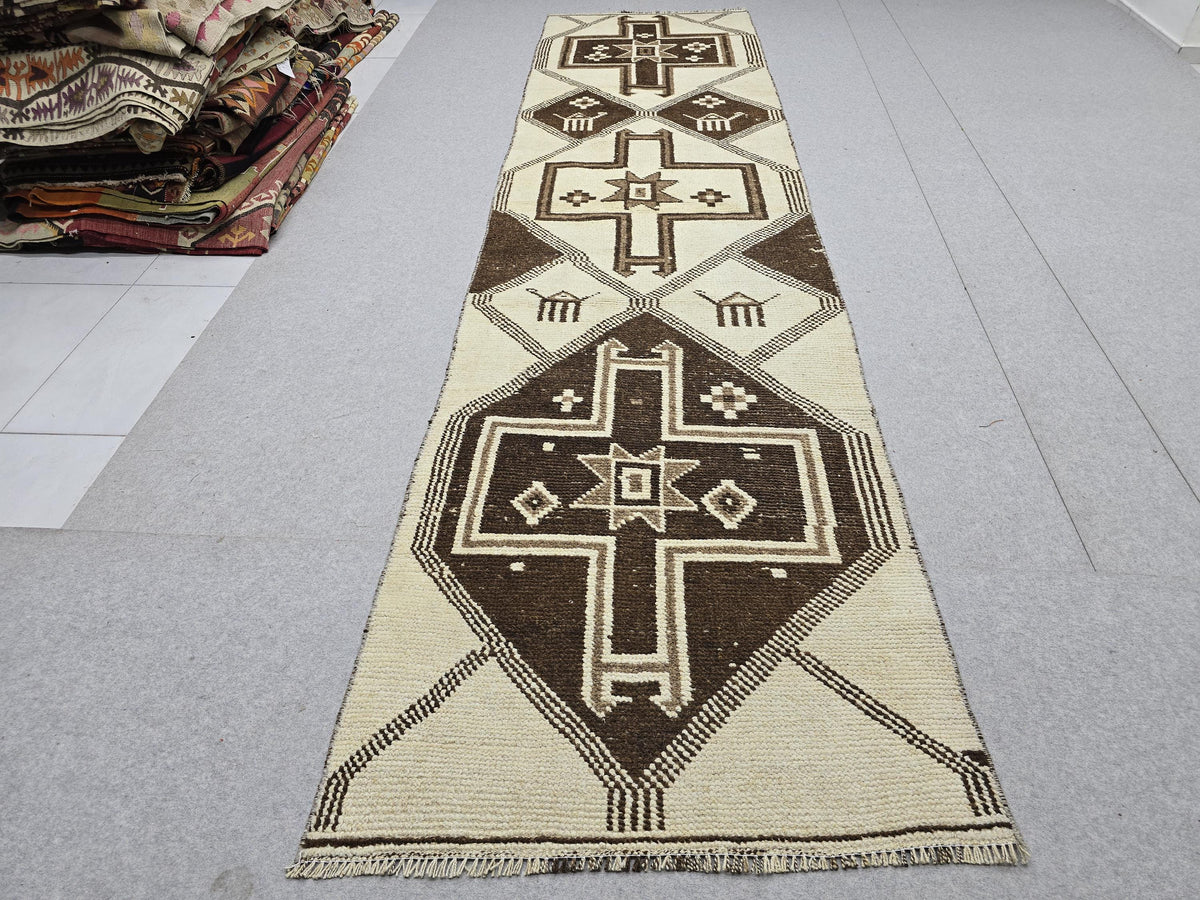 3x12 Neutral Hand Knotted Wool Turkish Runner - High Quality Muted Wool Oushak Runner for Kitchen, Hallway and Entry, Boho Decor rug runner
