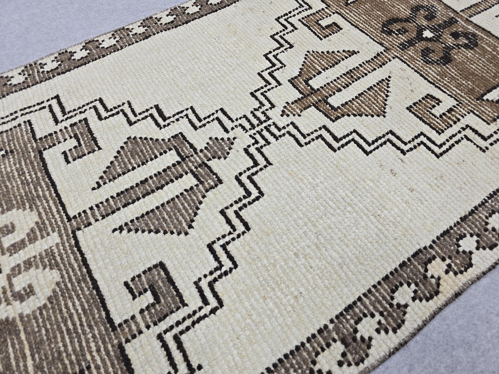Wool Turkish Runner, Hand-Knotted Cream Brown Boho Hallway Rug