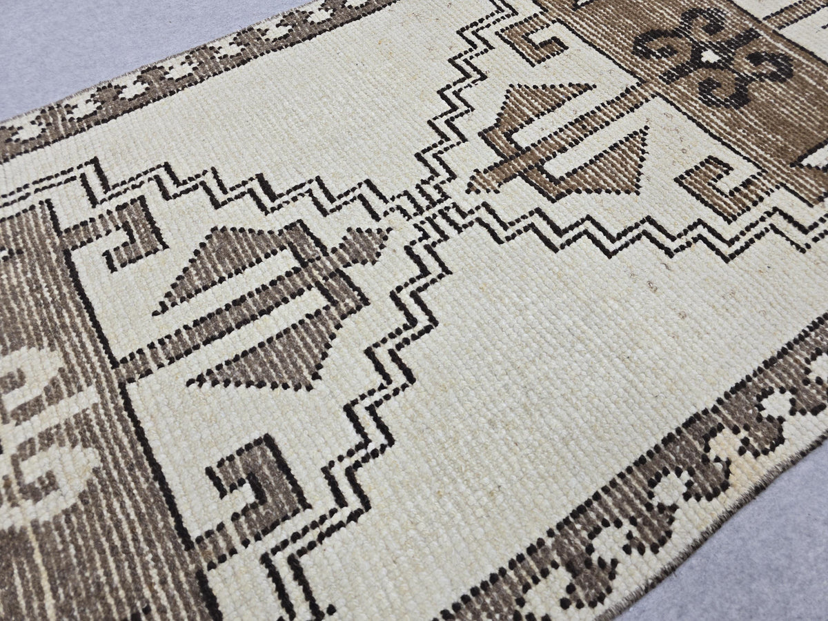 Wool Turkish Runner, Hand-Knotted Cream Brown Boho Hallway Rug