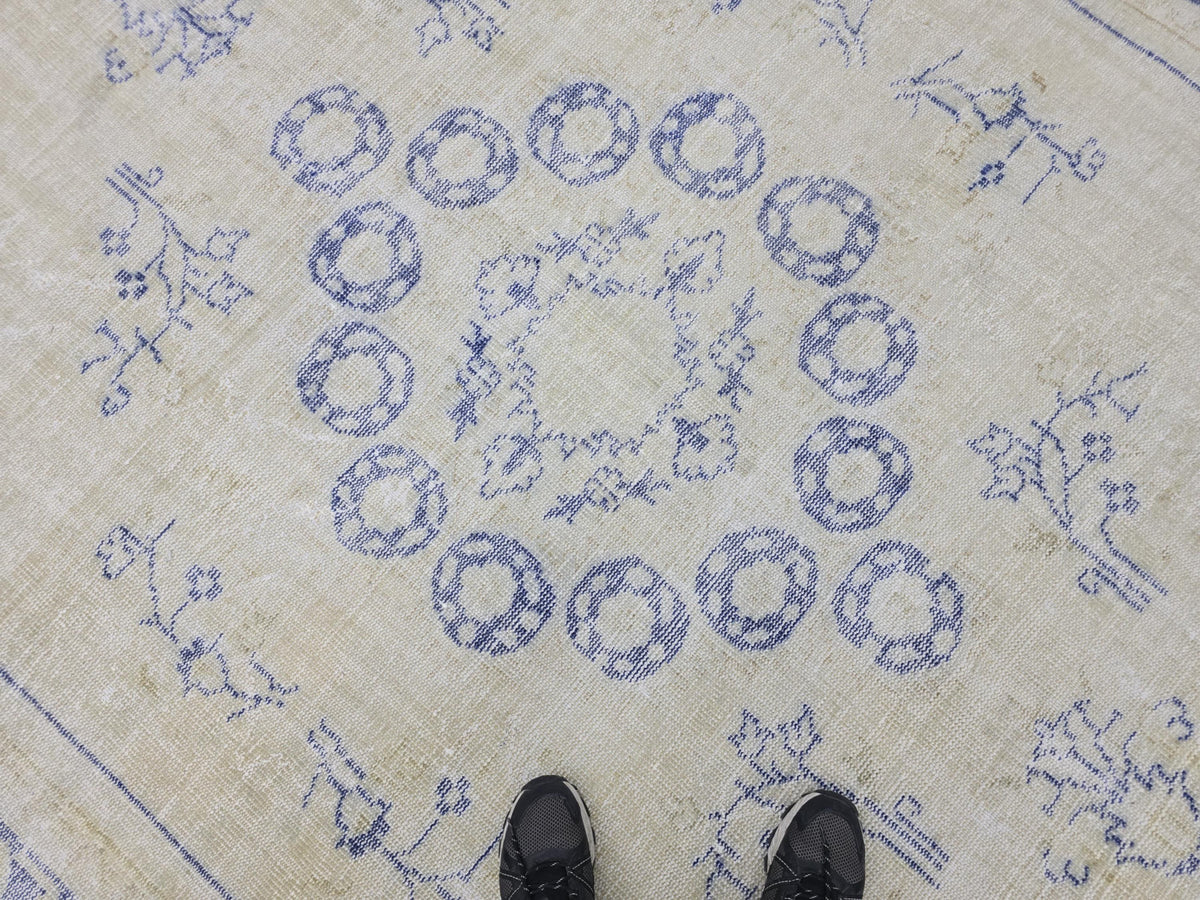 8x11 ft Hand-Knotted Turkish Oushak Rug: Neutral Wool Saloon Carpet Beige Blue