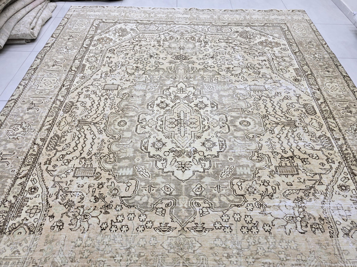 Turkish Rug 8x10, Distressed Grey Beige Vintage Area Rug, Hand Knotted Wool Carpet with Tribal Medallion for Living Room, Hallway