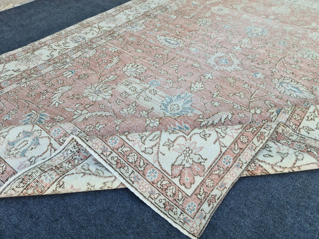Muted Oushak Pink Rug: 6.85x9.85 ft, Handmade Vintage Turkish Floral Wool Carpet