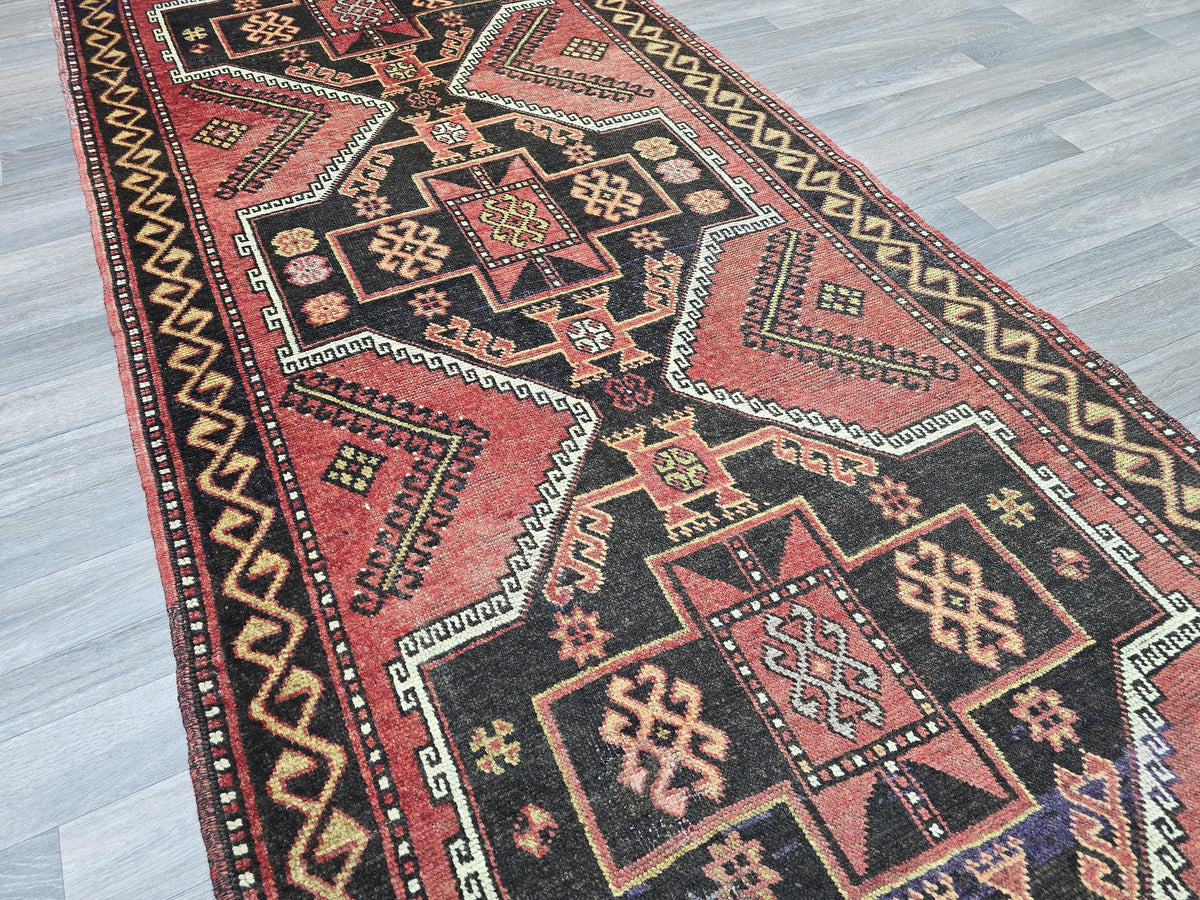 Vintage Turkish Runner Rug: 4x10 Handwoven Wool Oushak Hallway Carpet
