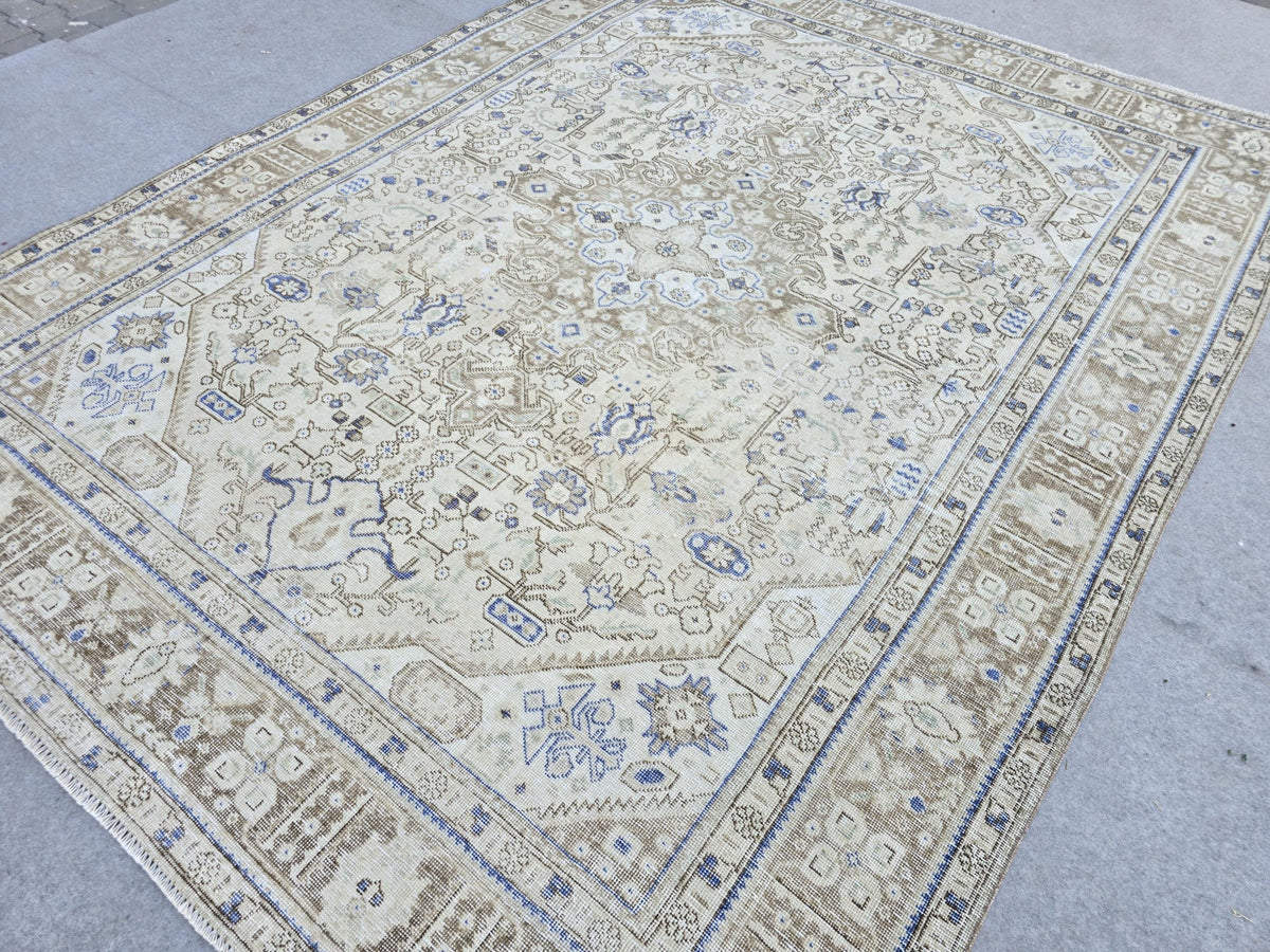 Oushak Rug 8x11, Vintage Turkish Rug, Blue Beige Area Rug, Hand Knotted Wool Rug, Faded Living Room Rug, Boho Neutral Carpet