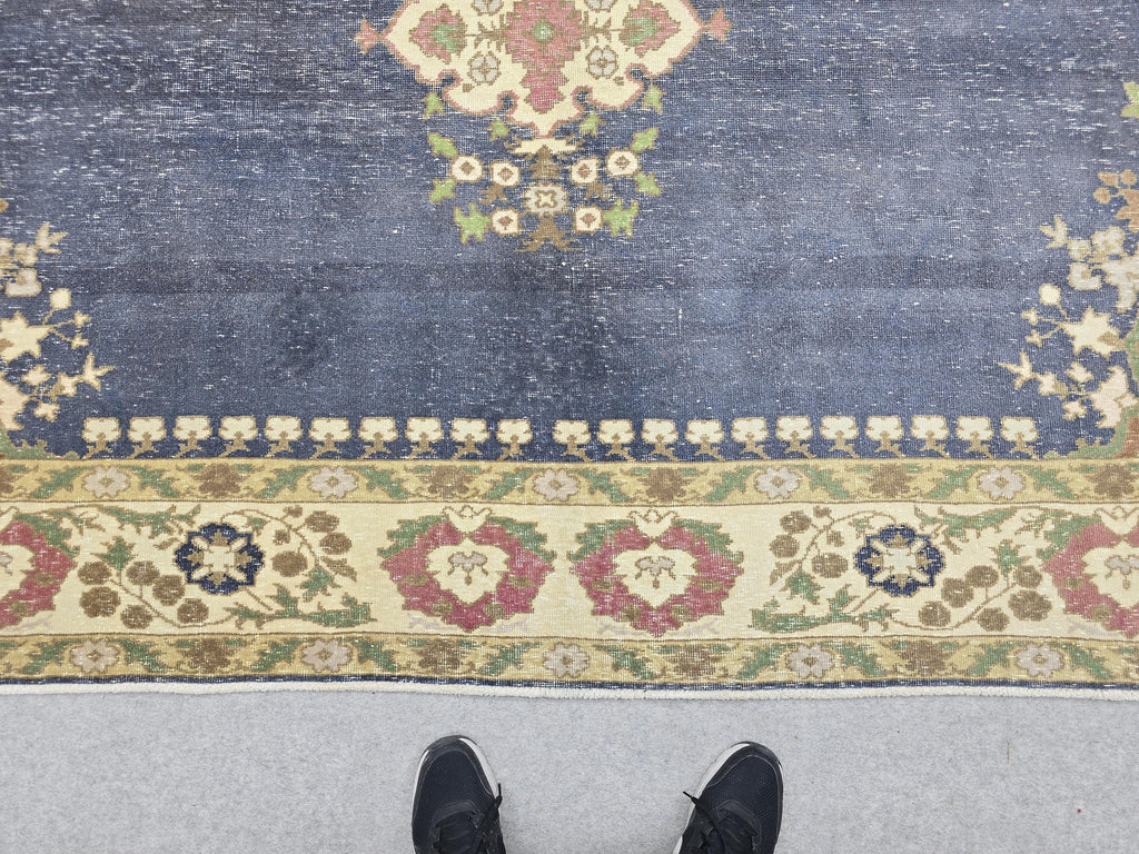 Vintage Turkish Hand-Knotted Wool Rug, Blue Medallion Distressed Area Carpet (10x12)