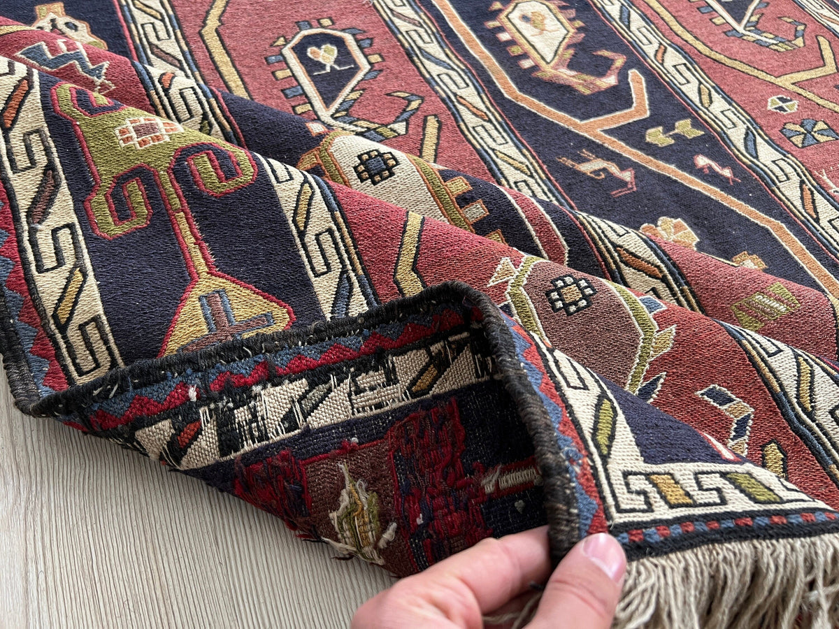 6x9 Vintage Soumak Rug: Hand-Knotted Wool Cecim, Tribal Design