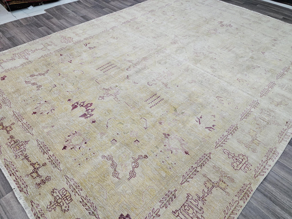 Hand Knotted 9x12 Wool Heriz Rug: Neutral Beige Brown Anatolian Carpet