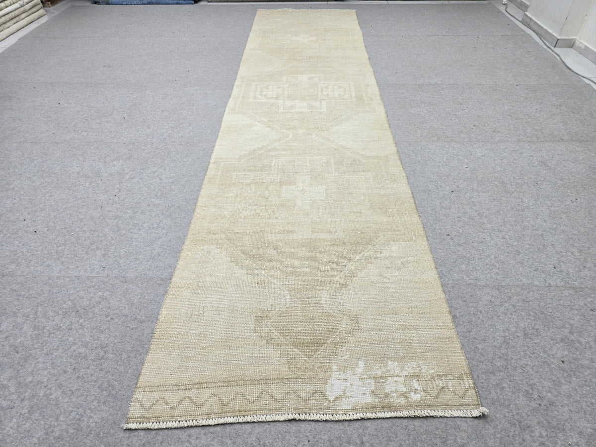 Turkish Rug 3x12 Narrow Runner, Parchment Beige Wool Rug, Extra Long Galley Kitchen Carpet,  Vintage Hallway Runner Rug, Coastal Decor Rug