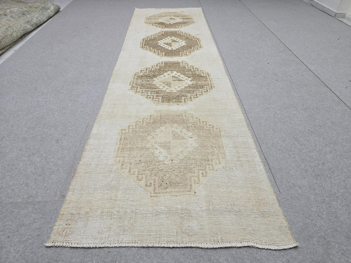 3x10 Oushak Runner Rug, Vintage Handwoven Anatolian Wool Runner, Neutral Faded Medallion Hallway Rug, Boho Rustic Decor