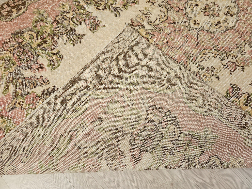 6x10 Vintage Wool Area Rug  - Handwoven Vintage Wool Rug 5.85x10 feet – Pink Cream Floral Bohemian Carpet for Living Room & Bedroom