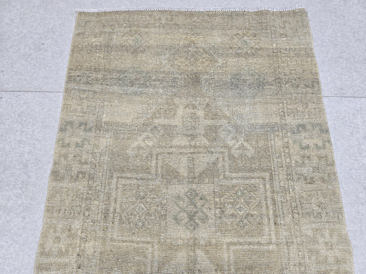 Turkish Runner Rug 3.5x11, Olive Sage Earth Tone Hallway Runner, Faded Wool Kitchen Runner, Tribal Corridor Rug for Dining Room Decor
