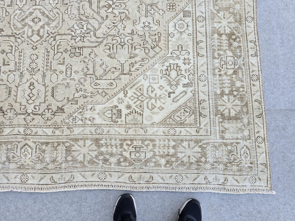 Vintage Rug 8x11, Turkish Area Rug, Warm Beige Wool Rug, Hand Knotted Medallion Rug, Faded Tan Living Room Rug, Boho Farmhouse